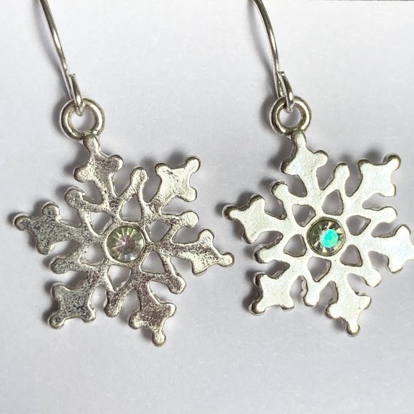 Snowflake Earrings Silver Plated AB Crystals Christmas Winter Snow Holiday X-Mas - Picture 8 of 12